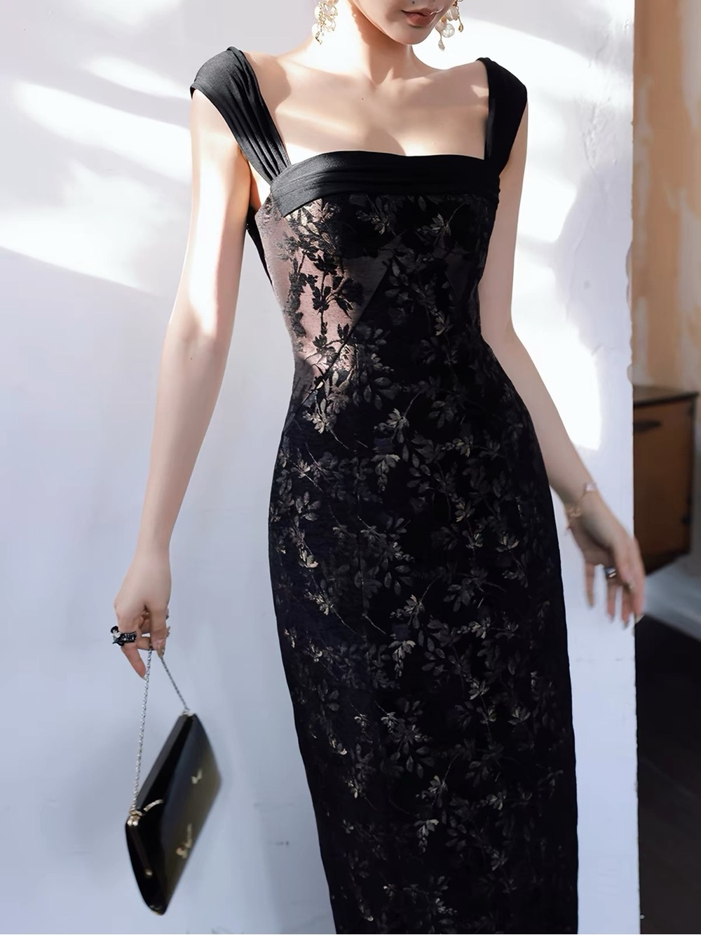 Black Floral Midi Sheath Dress vintage style